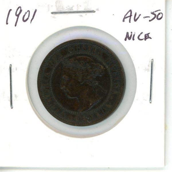 1901 Canadian Victorian Large Cent. Last cent issued for Queen Victoria. AU-50. Nice.