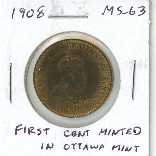 1908 Canadian Large Cent. The first cent minted at the Ottawa Mint. MS-63. Red & Brown. Nice.
