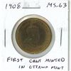 Image 1 : 1908 Canadian Large Cent. The first cent minted at the Ottawa Mint. MS-63. Red & Brown. Nice.