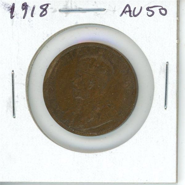 1918 Canadian Large Cent. The last year of World War I. AU-50. Nice.