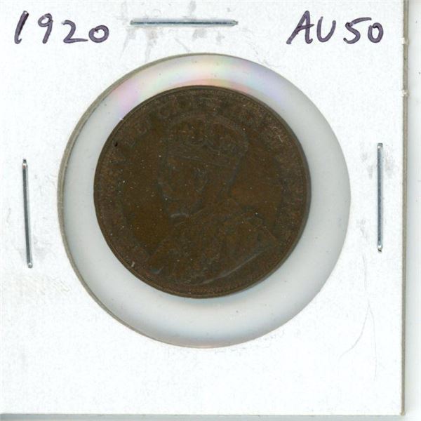 1920 Canadian Large Cent. The last Large Cent issued. AU-50. Nice.