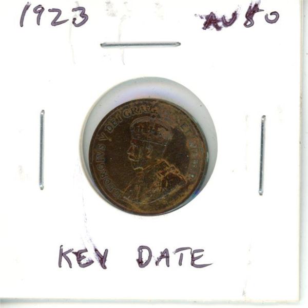 1923 Canadian Small Cent. Key Date. Mintage of 1,019,022. AU-50.