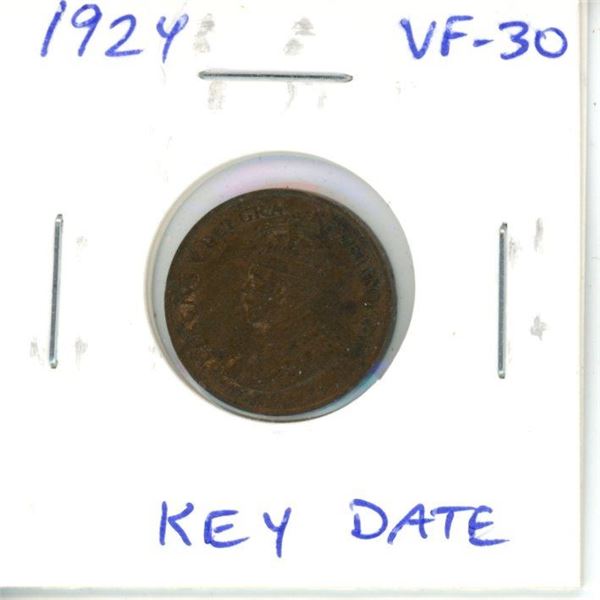 1924 Canadian Small Cent. Key Date. Mintage of 1,593,195. VF-30.