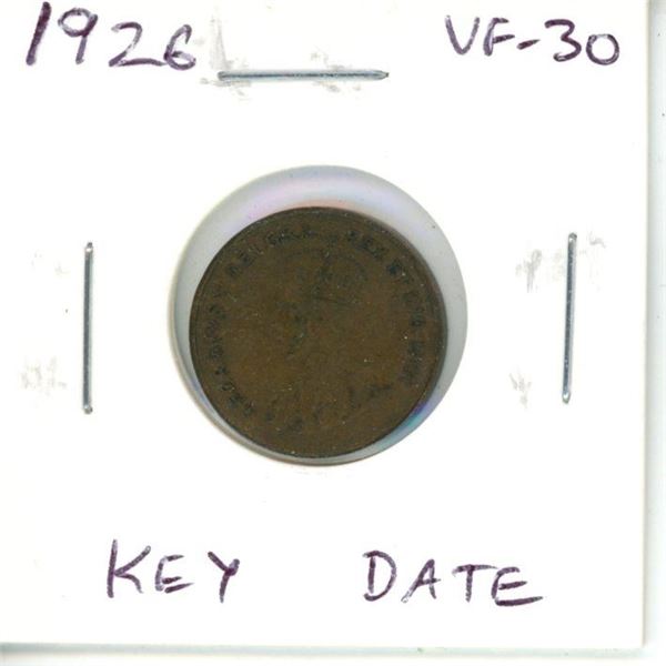 1926 Canadian Small Cent. Key Date. Mintage of 2,143,372. VF-30.