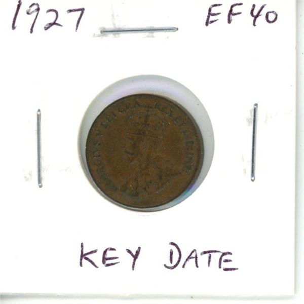 1927 Canadian Small Cent. Key Date. Mintage of 3,553,928. EF-40.