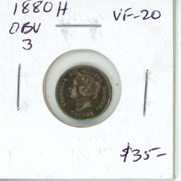 1880H Obverse 3 Canadian Victorian Silver 5 Cents. Heaton Mint. VF-20.