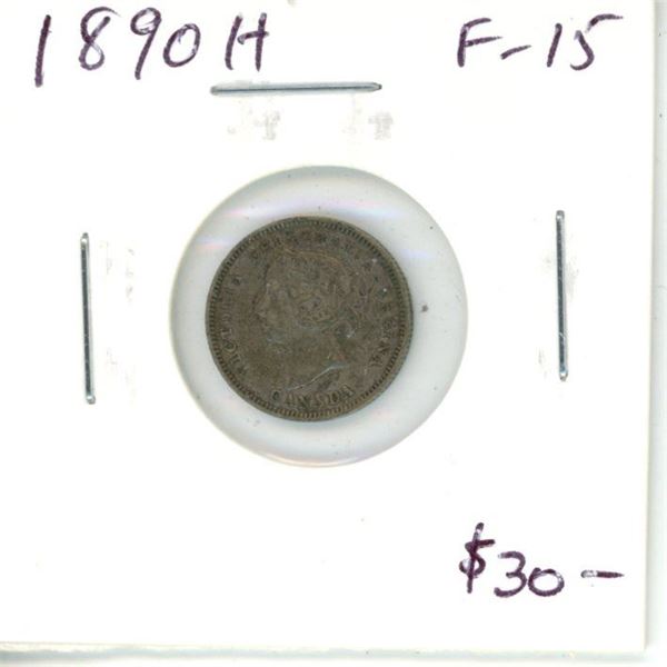 1890H Canadian Victorian Silver 5 Cents. Heaton Mint. F-15.