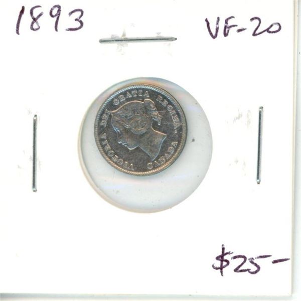 1893 Canadian Victorian Silver 5 Cents. VF-20.