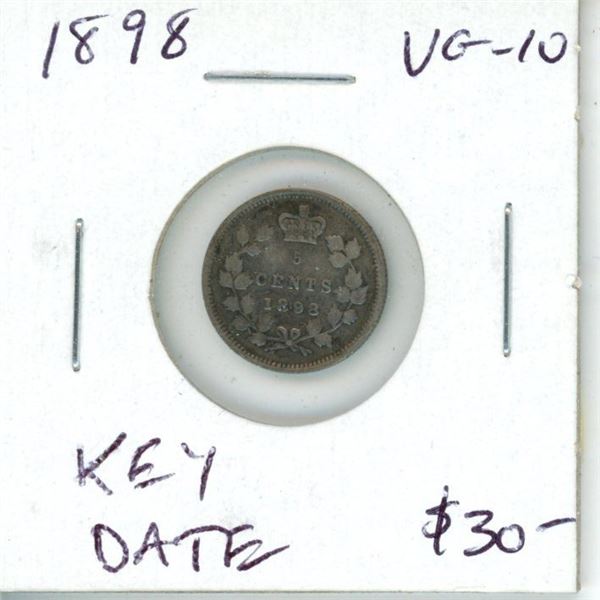 1898 Canadian Victorian Silver 5 Cents. Key Date. Mintage of 580,400. VF-20.