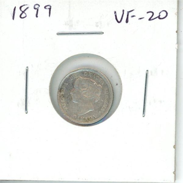 1899 Canadian Victorian. Silver 5 Cents.  VF-20.