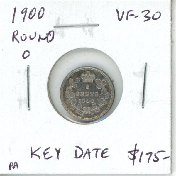 1900 Round 0 Canadian Victorian Silver 5 Cents. Key Date. VF-30.