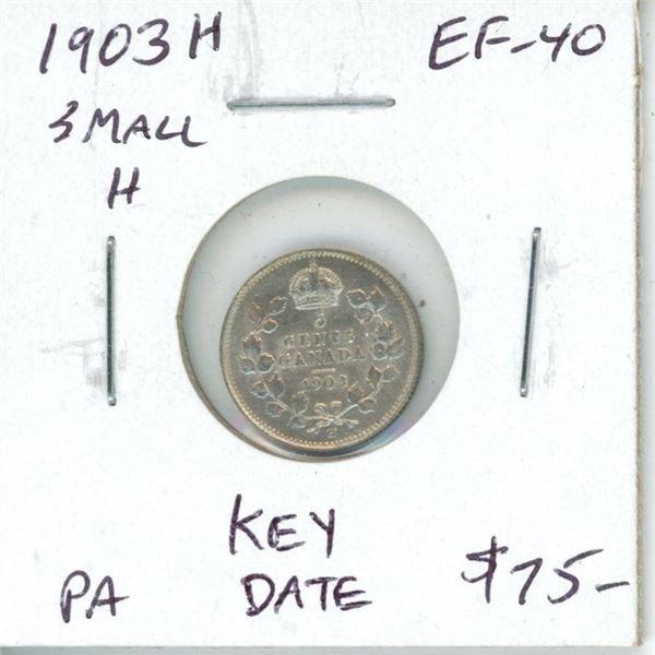 1903H Small H Canadian Silver 5 Cents. Key Date. EF-40. Nice.