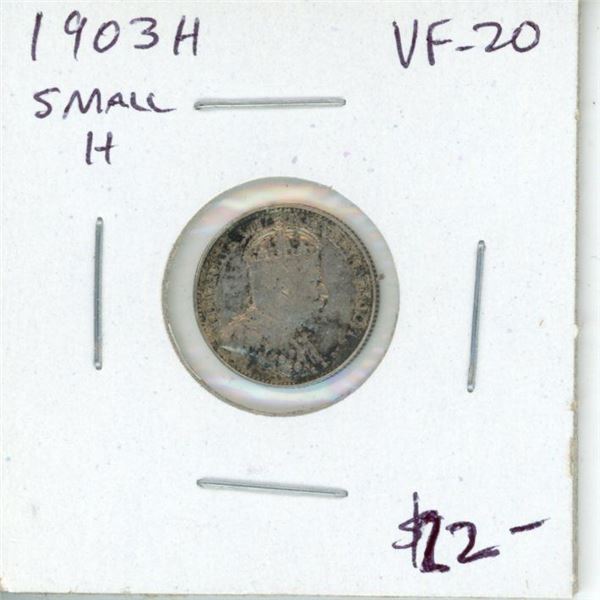1903H Small H Canadian Silver 5 Cents. VF-20.
