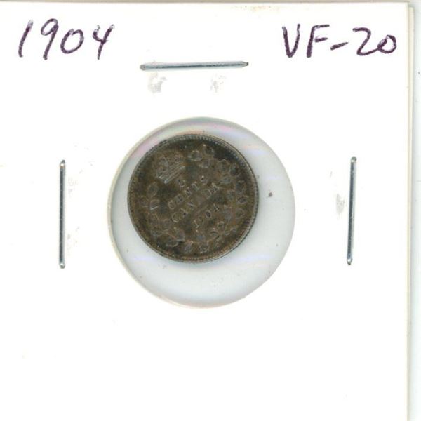 1904 Canadian Silver 5 Cents. VF-20.