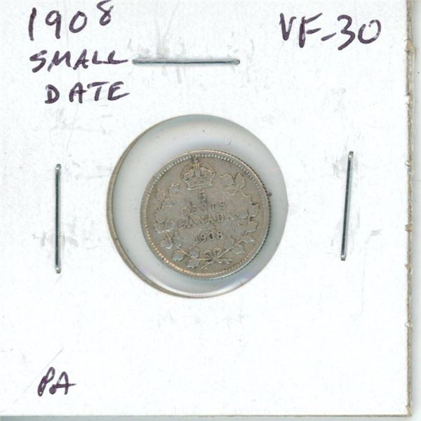 1908 Small Date Canadian Silver 5 Cents. VF-30.