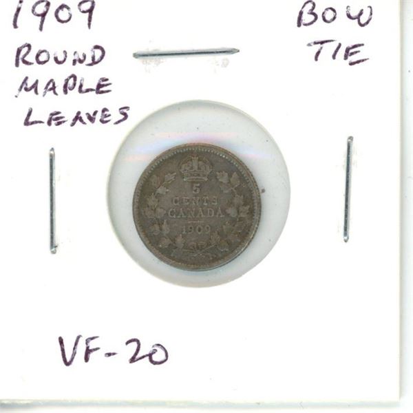 1909 Round Maple Leaves Bow Tie Canadian Silver 5 Cents. VF-20.