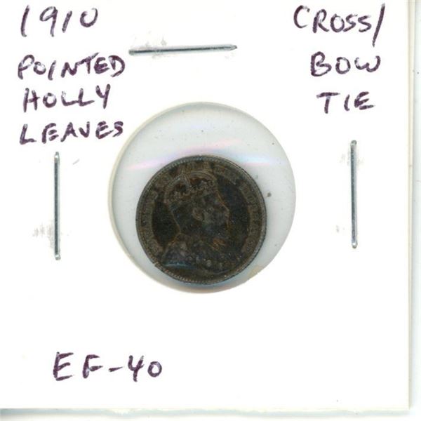 1910 Pointed Holly Leaves Cross/Bow Tie Canadian Silver 5 Cents. The last Silver 5 Cents issued for 