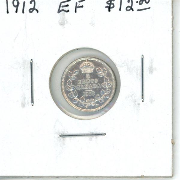 1912 Canadian Silver 5 Cents. EF-40. Nice.