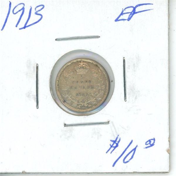 1913 Canadian Silver 5 Cents. EF-40. Nice.