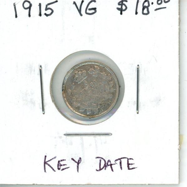 1915 Canadian Silver 5 Cents. Key Date. Mintage of 1,172,258. VG-8.