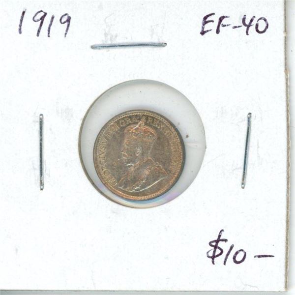 1919 Canadian Silver 5 Cents. EF-40. Nice.