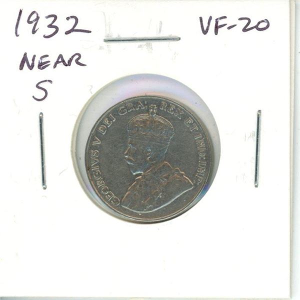 1932 Near Rim Canadian Nickel 5 Cents. S is Near Rim. VF-20.