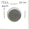 Image 1 : 1932 Near Rim Canadian Nickel 5 Cents. S is Near Rim. VF-20.