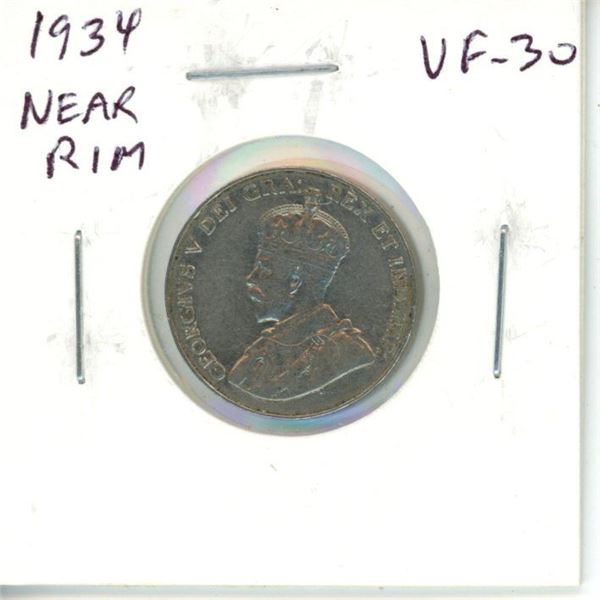 1934 Near Rim Canadian Nickel 5 Cents. S is Near Rim. VF-30.
