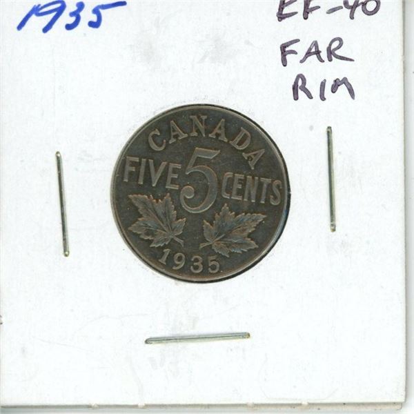 1935 Far Rim Canadian Nickel 5 Cents. S is Far from Rim. EF-40. Nice.