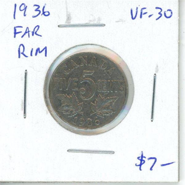 1936 Far Rim Canadian Nickel 5 Cents. S is Far from Rim. VF-30.