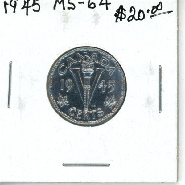 1945 Canadian V For Victory Canadian 5 Cents. MS-64. Nice.