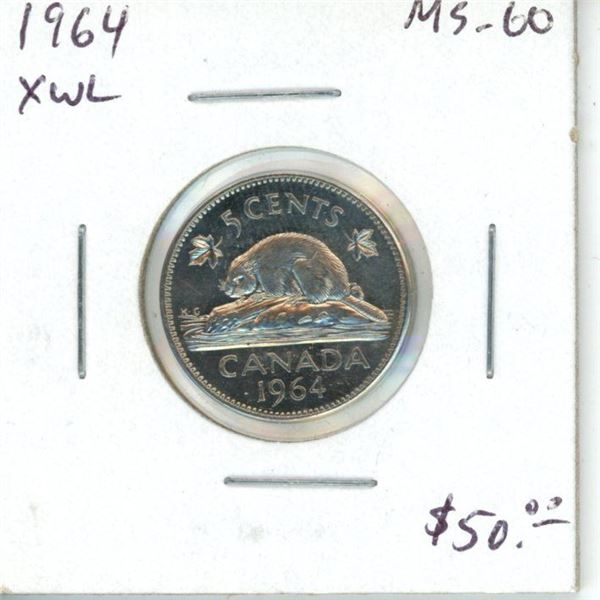 1964 Extra Water Lines Canadian Nickel 5 Cents. XWL variety is scarce. MS-60. Nice.