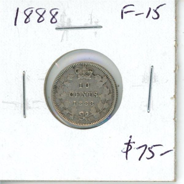 1888 Canadian Victorian Silver 10 Cents. Key Date. Mintage of 500,000. F-15.