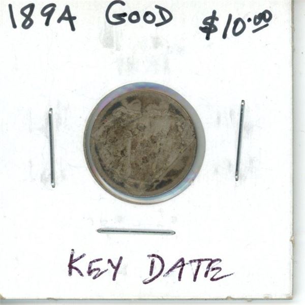 1894 Canadian Victorian Silver 10 Cents. Key Date. Mintage of 500,000. G-4.