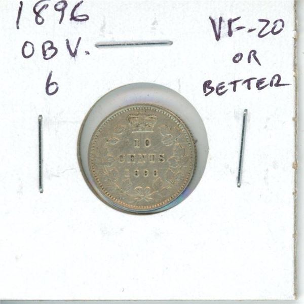 1896 Canadian Victorian Silver 10 Cents. Mintage of 650,000. VF-20 or better.