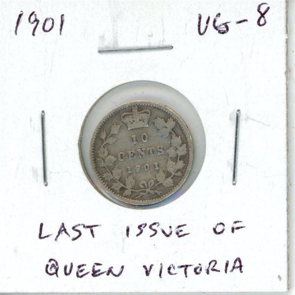 1901 Canadian Victorian Silver 10 Cents. The last silver 10 cents issued for Queen Victoria. VG-8.