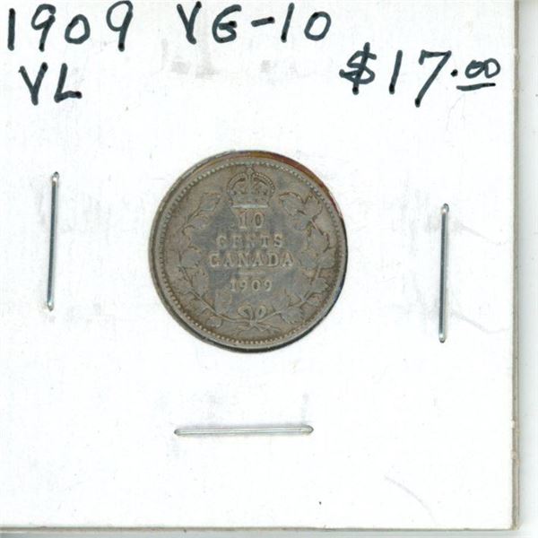 1909 Victorian Leaves Canadian Silver 10 Cents. VG-10.