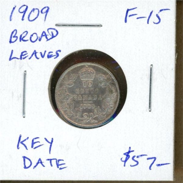 1909 Broad Leaves Canadian Silver 10 Cents. Key Date. F-15.