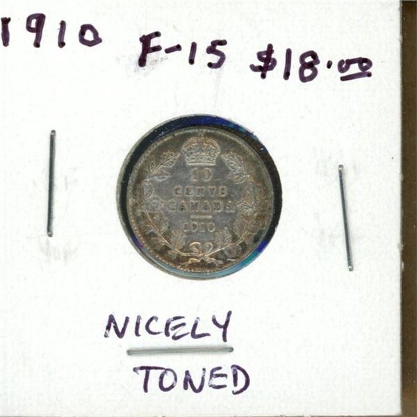 1910 Canadian Silver 10 Cents. The last 10 cents issued for King Edward VII. F-15. Nicely Toned.