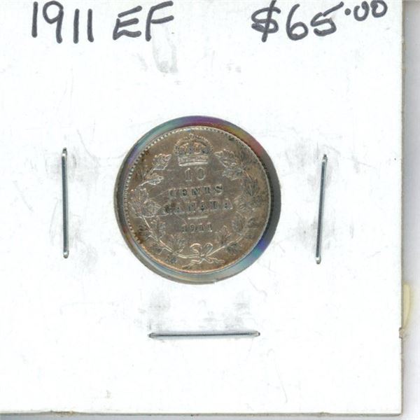 1911 Canadian Silver 10 Cents. The first 10 cents issued for King George V. EF-40. Nice.