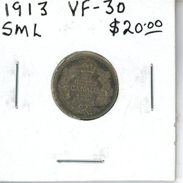1913 Small Maple Leaves Canadian Silver 10 Cents. VF-30.