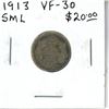 Image 1 : 1913 Small Maple Leaves Canadian Silver 10 Cents. VF-30.