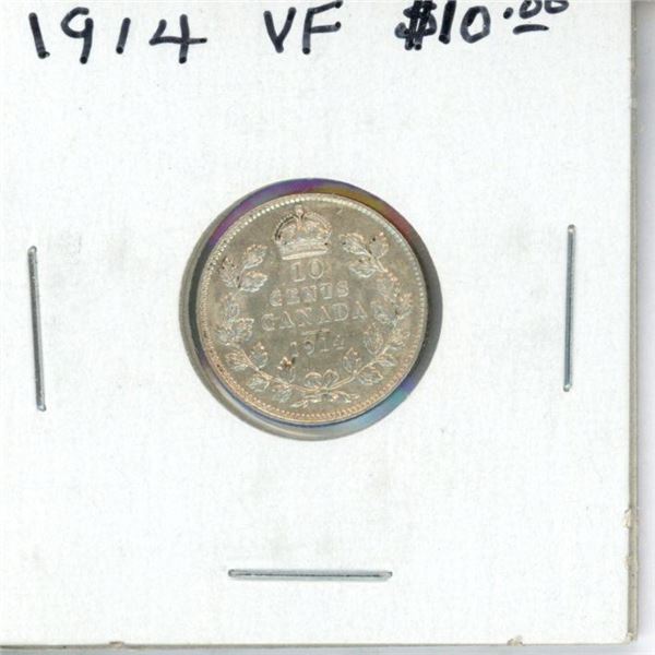1914 Canadian Silver 10 Cents. World War I issue. VF-20.