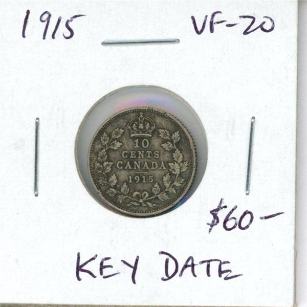 1915 Canadian Silver 10 Cents. Key Date. Mintage of 688,057. VF-20.