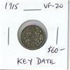 1915 Canadian Silver 10 Cents. Key Date. Mintage of 688,057. VF-20.