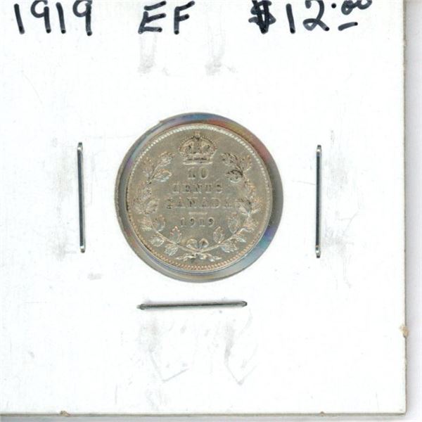 1919 Canadian Silver 10 Cents. EF-40. Nice.