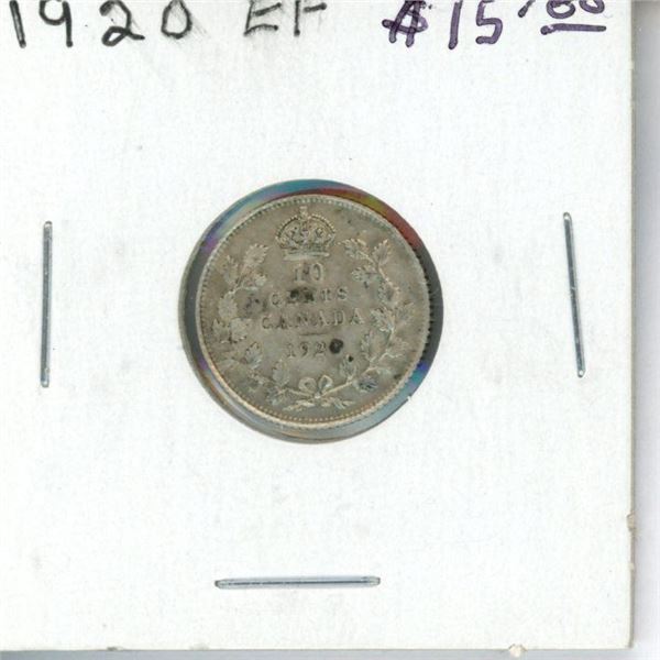 1920 Canadian Silver 10 Cents. EF-40. Nice.