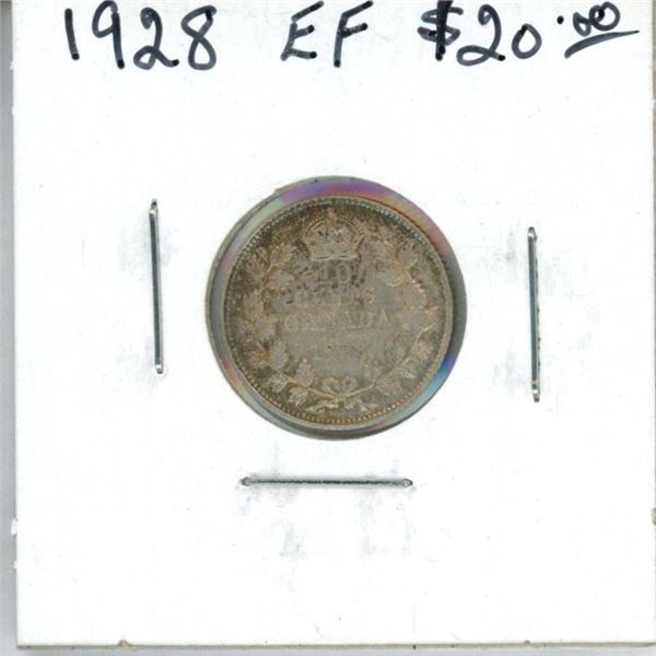 1928 Canadian Silver 10 Cents. EF-40. Nice.