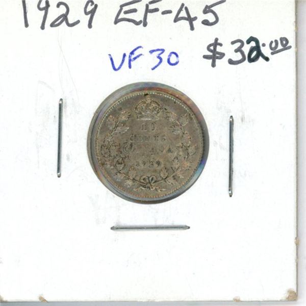 1929 Canadian Silver 10 Cents. VF-30. Nice.