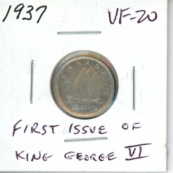 1937 Canadian Silver 10 Cents. The first 10 cents issued for King George VI. VF-20.